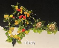 Venetian Murano Set Necklace Earrings Vintage Hand Blown Glass Fruit Leaves A52