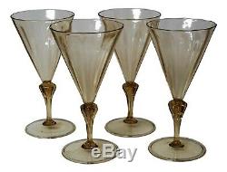 Venetian Murano Silesian Stem Amber Glass Set of Four Blown 7 Tall Wine Glasses