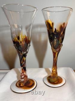 Venetian Murano Style Mid 20th Century Goblets Brown Multi-Colored Hand-Blown