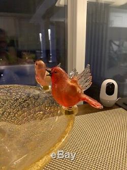 Very Large Murano Art Hand Blown Glass Bird Bath Bowl with five (5) Birds
