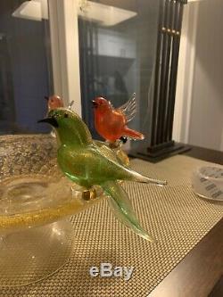 Very Large Murano Art Hand Blown Glass Bird Bath Bowl with five (5) Birds