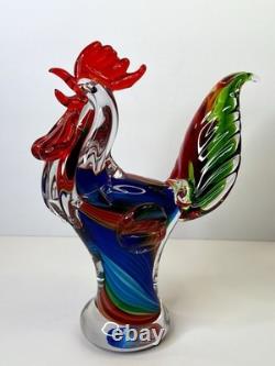 Vibrant Hand-Blown Murano Style Art Glass Rooster 11 Tall Centerpiece
