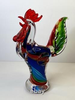 Vibrant Hand-Blown Murano Style Art Glass Rooster 11 Tall Centerpiece