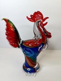 Vibrant Hand-Blown Murano Style Art Glass Rooster 11 Tall Centerpiece
