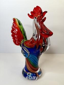 Vibrant Hand-Blown Murano Style Art Glass Rooster 11 Tall Centerpiece