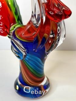 Vibrant Hand-Blown Murano Style Art Glass Rooster 11 Tall Centerpiece
