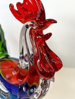 Vibrant Hand-Blown Murano Style Art Glass Rooster 11 Tall Centerpiece