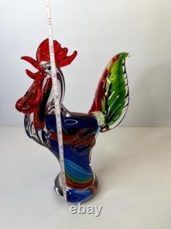 Vibrant Hand-Blown Murano Style Art Glass Rooster 11 Tall Centerpiece
