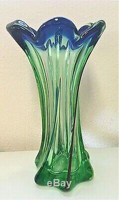 Vintage 11 Murano Art Glass Blue & Green Twisted Swirl Vase with Color Stripes