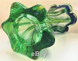 Vintage 11 Murano Art Glass Blue & Green Twisted Swirl Vase with Color Stripes