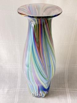 Vintage 18 Hand Blown Art Glass Vase Rainbow Swirl Murano Style 1970s