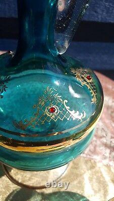 Vintage 1930s Blue gilded Italian Venetian Murano Decanter & glass Set 7 Pc