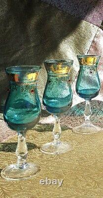 Vintage 1930s Blue gilded Italian Venetian Murano Decanter & glass Set 7 Pc