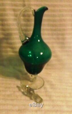 Vintage 1960's Murano Venetian Emerald Green Hand Blown Wine Decanter, 6 Glass G