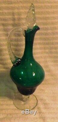 Vintage 1960's Murano Venetian Emerald Green Hand Blown Wine Decanter, 6 Glass G