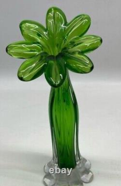 Vintage 1970's Murano Hand Blown Green Glass Gardenia Vase Italy