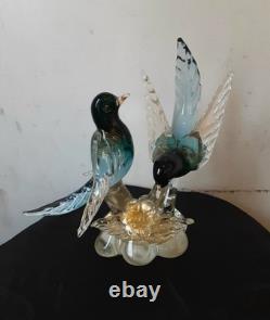 Vintage Alfredo Barbini Pr Of Glass Bitds WithGold Adventurine Floral Base Murano