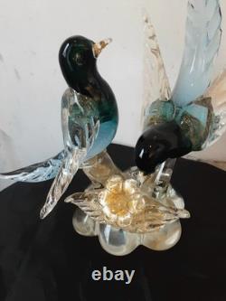 Vintage Alfredo Barbini Pr Of Glass Bitds WithGold Adventurine Floral Base Murano