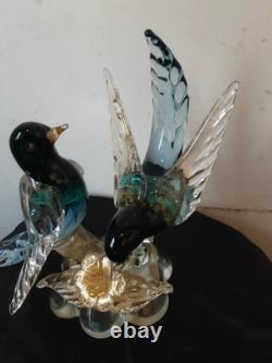 Vintage Alfredo Barbini Pr Of Glass Bitds WithGold Adventurine Floral Base Murano
