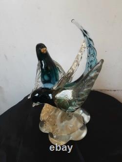 Vintage Alfredo Barbini Pr Of Glass Bitds WithGold Adventurine Floral Base Murano