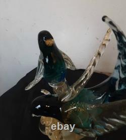 Vintage Alfredo Barbini Pr Of Glass Bitds WithGold Adventurine Floral Base Murano