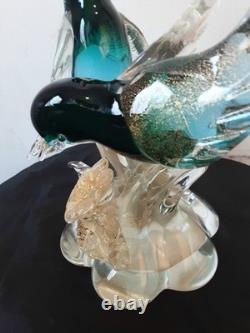 Vintage Alfredo Barbini Pr Of Glass Bitds WithGold Adventurine Floral Base Murano
