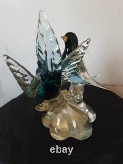 Vintage Alfredo Barbini Pr Of Glass Bitds WithGold Adventurine Floral Base Murano