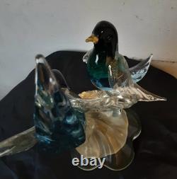 Vintage Alfredo Barbini Pr Of Glass Bitds WithGold Adventurine Floral Base Murano