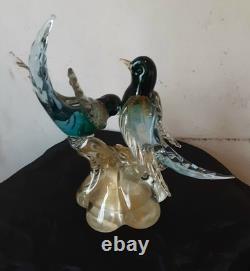 Vintage Alfredo Barbini Pr Of Glass Bitds WithGold Adventurine Floral Base Murano