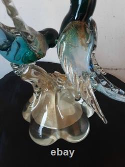 Vintage Alfredo Barbini Pr Of Glass Bitds WithGold Adventurine Floral Base Murano
