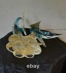 Vintage Alfredo Barbini Pr Of Glass Bitds WithGold Adventurine Floral Base Murano