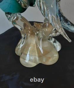 Vintage Alfredo Barbini Pr Of Glass Bitds WithGold Adventurine Floral Base Murano