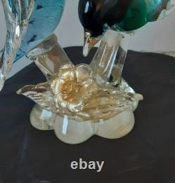 Vintage Alfredo Barbini Pr Of Glass Bitds WithGold Adventurine Floral Base Murano