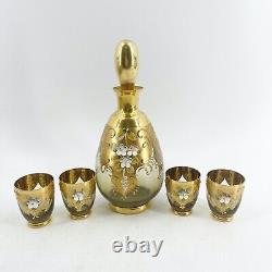 Vintage Amber Tre Fuochi Murano Hand Blown Decanter 4 Glasses Venetian Glass Set