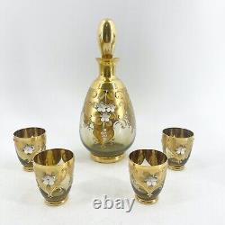 Vintage Amber Tre Fuochi Murano Hand Blown Decanter 4 Glasses Venetian Glass Set