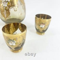 Vintage Amber Tre Fuochi Murano Hand Blown Decanter 4 Glasses Venetian Glass Set