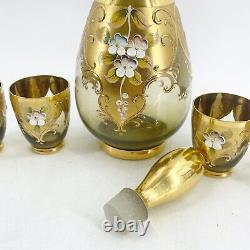 Vintage Amber Tre Fuochi Murano Hand Blown Decanter 4 Glasses Venetian Glass Set