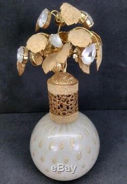 Vintage Archimede Seguso Murano Blown Glass Perfume Bottle Gold & Rhinestone Top