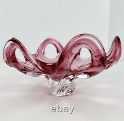 Vintage Art Hand Blown Pink Red Glass Italian Centerpiece Footed Bowl Murano