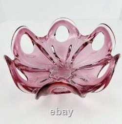 Vintage Art Hand Blown Pink Red Glass Italian Centerpiece Footed Bowl Murano