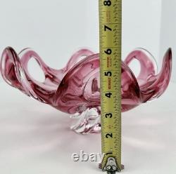 Vintage Art Hand Blown Pink Red Glass Italian Centerpiece Footed Bowl Murano
