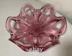 Vintage Art Hand Blown Pink Red Glass Italian Centerpiece Footed Bowl Murano