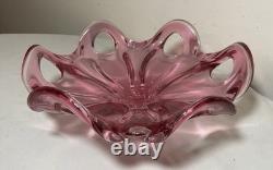 Vintage Art Hand Blown Pink Red Glass Italian Centerpiece Footed Bowl Murano