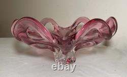 Vintage Art Hand Blown Pink Red Glass Italian Centerpiece Footed Bowl Murano