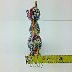 Vintage Art Murano Millefiori Cat Glass Figurine 5 Tall Multicolor Clear Tail