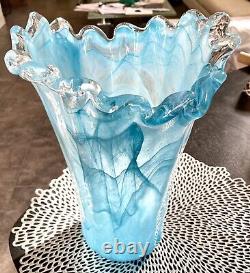 Vintage Arte Murano Lavorazione Italy Ruffled Edge Hand Blown Glass Vase