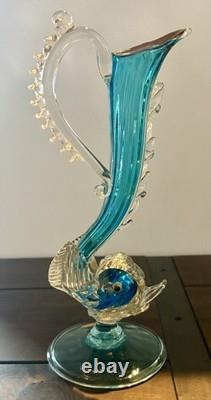 Vintage Arte Murano Style Hand Blown Glass Blue Gold Fish Vase Venezuela 1960s