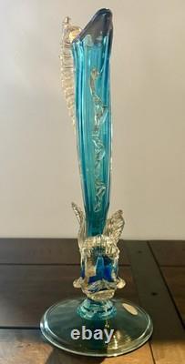 Vintage Arte Murano Style Hand Blown Glass Blue Gold Fish Vase Venezuela 1960s