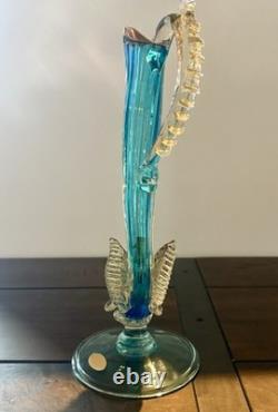 Vintage Arte Murano Style Hand Blown Glass Blue Gold Fish Vase Venezuela 1960s