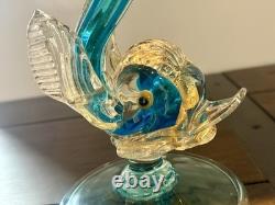 Vintage Arte Murano Style Hand Blown Glass Blue Gold Fish Vase Venezuela 1960s